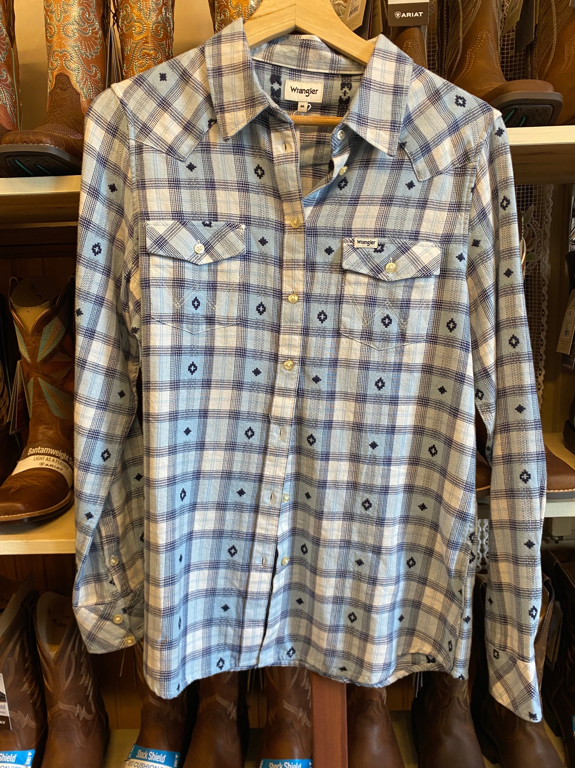 camicia-Wrangler-donna-quadri rombi azzurro chiaro-M